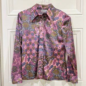 Vintage Lavender Long-Sleeved Blouse with Forest Print